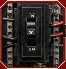Central breaker bank inside an open residential panel with surrounding enclosure and routed wiring