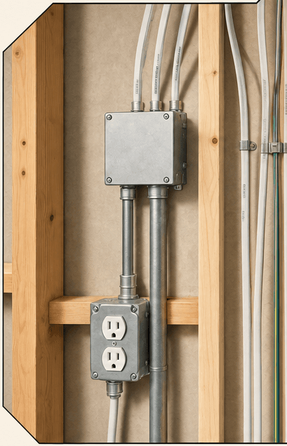 Residential branch wiring, junction box, conduit, and outlet between exposed wall studs
