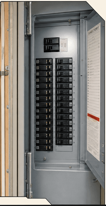 Open residential load center with breaker columns and branch wiring