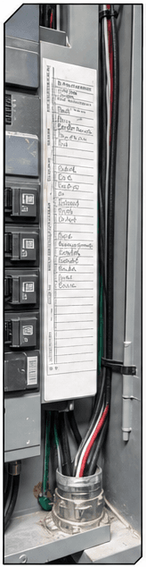 Tall view of a residential load center with labeled breaker columns and wiring