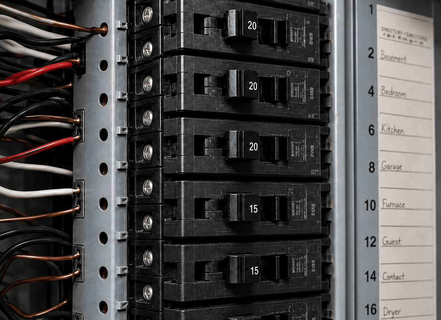 Open residential breaker panel with rows of circuit breakers, routed branch wiring and the enclosure edge