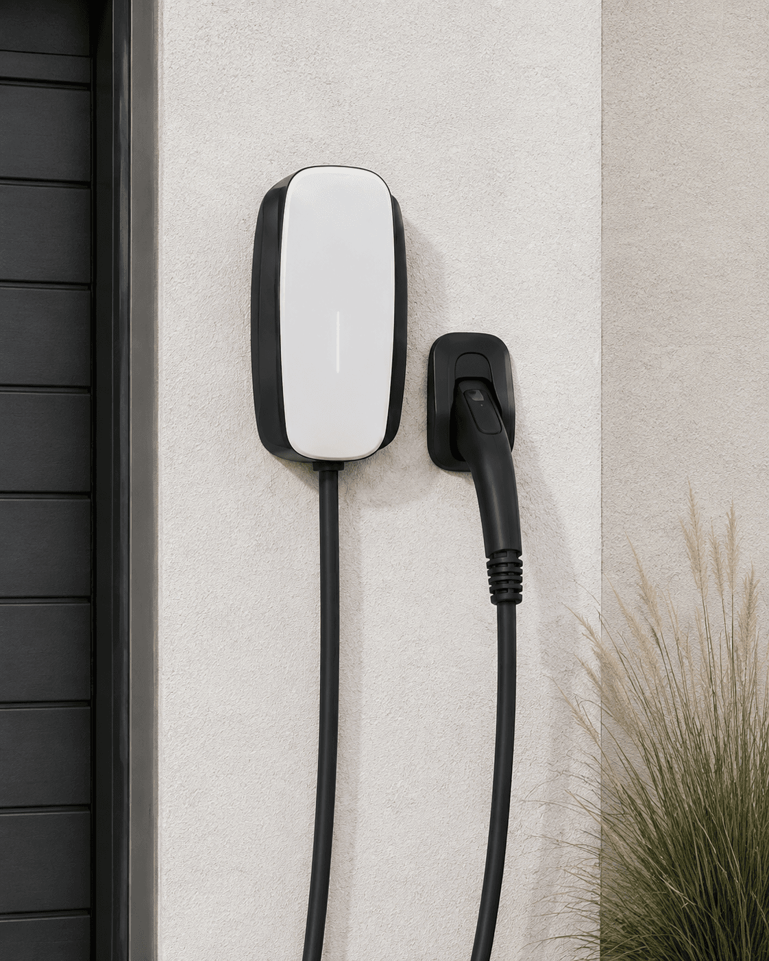 Wall-mounted residential electric vehicle charger and connector