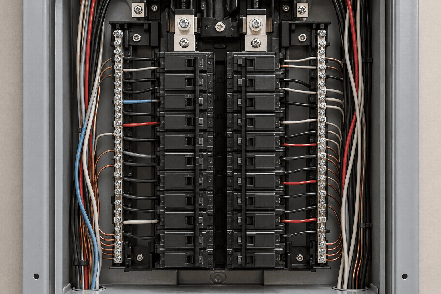 Open residential electrical panel showing breaker rows