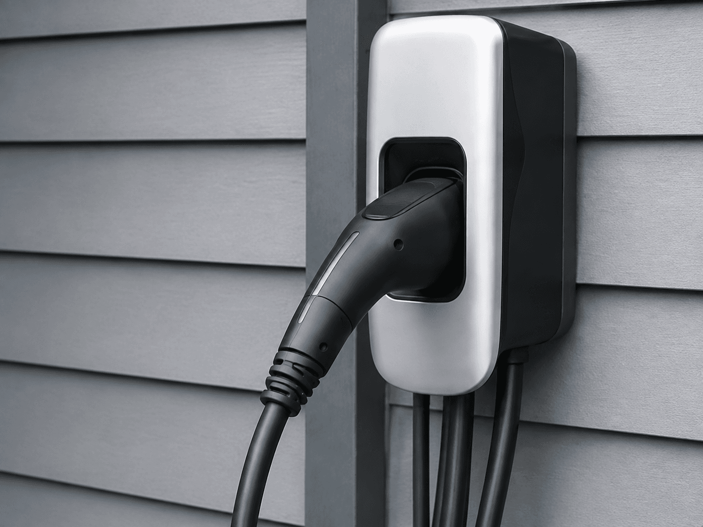 Close view of an EV charging connector seated in its wall-mounted charger