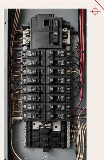 Open residential electrical panel with breaker columns and wiring context