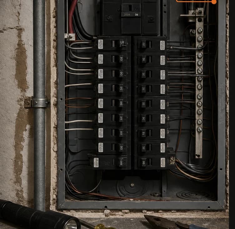 Open breaker panel with routed conductors and hand tools below