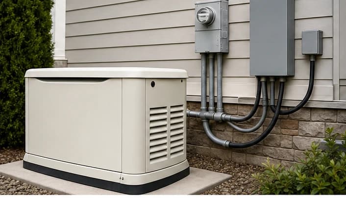 Close view of a standby home generator cabinet beside exterior electrical equipment and siding