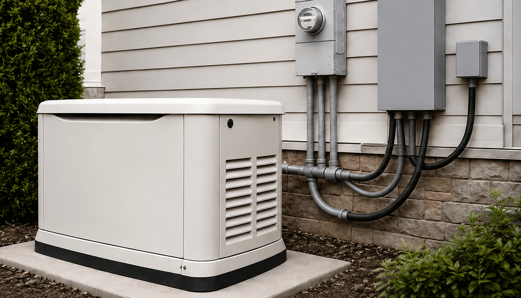 Standby home generator on a concrete pad beside exterior electrical disconnects and conduit on lap siding
