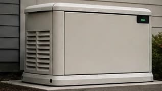 Standby home generator installed on a pad along the side of a house