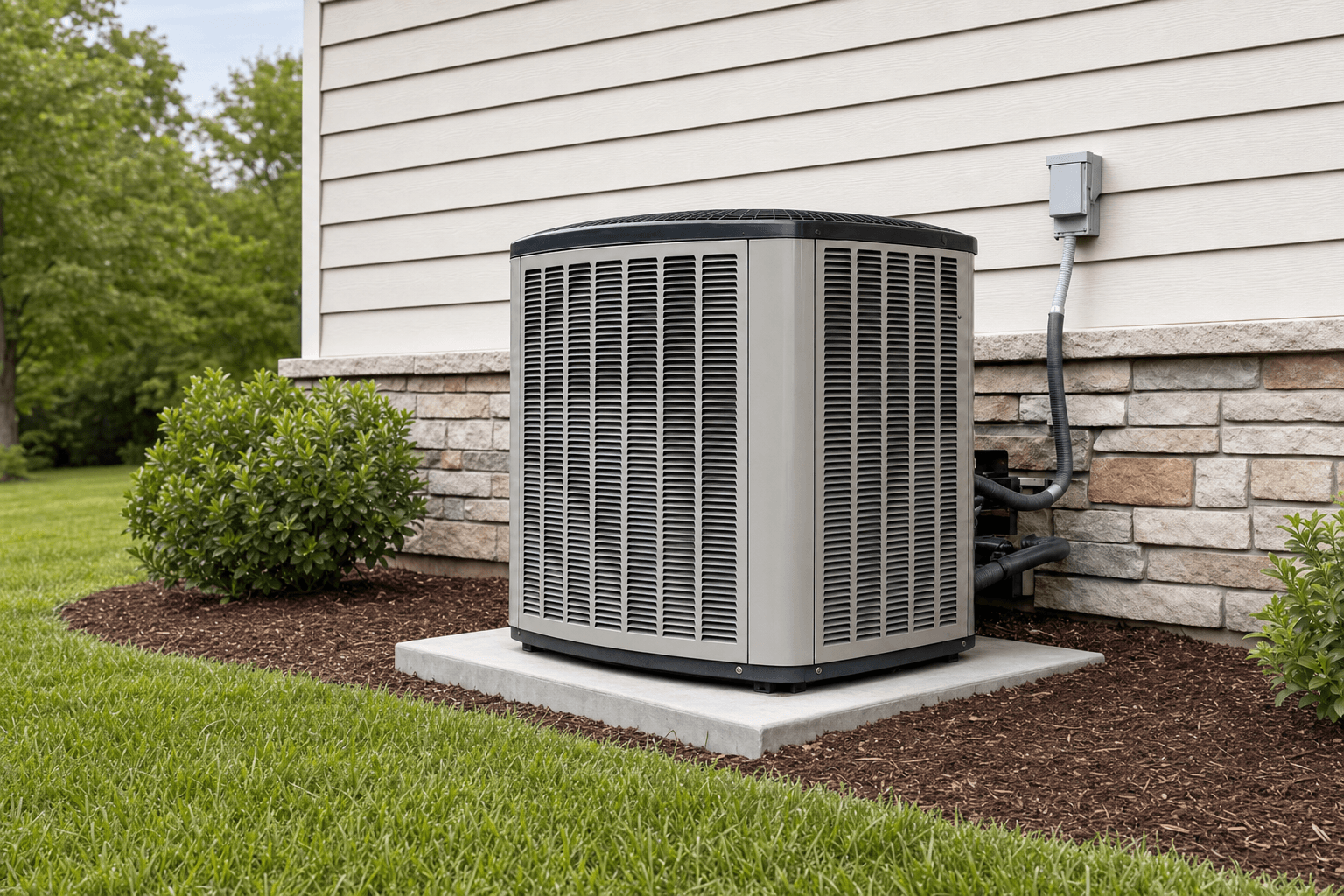 Outdoor residential HVAC condenser unit on a concrete pad beside a home with lap siding and a stone foundation