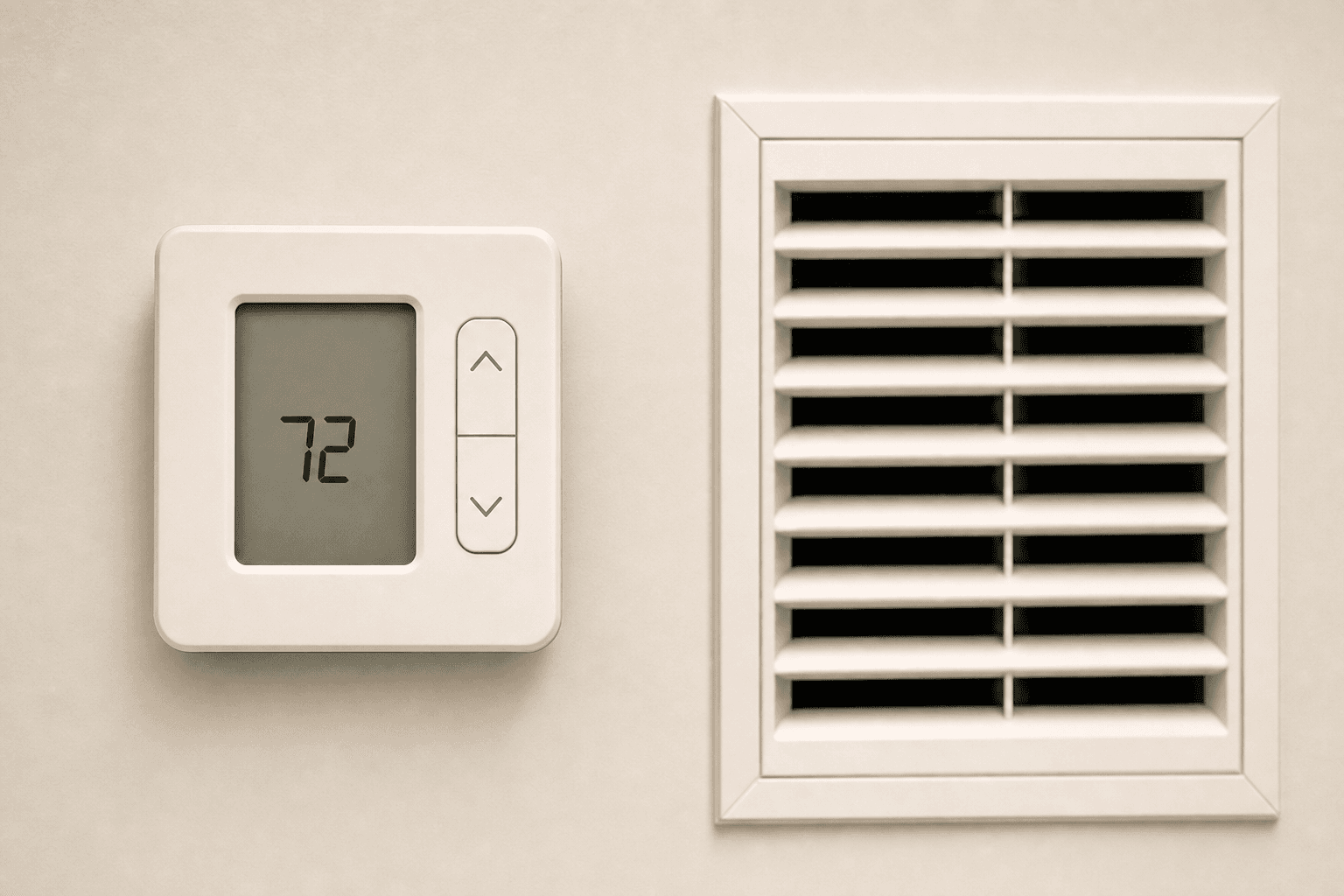 Wall thermostat reading 72 next to a supply-air vent with horizontal louvers