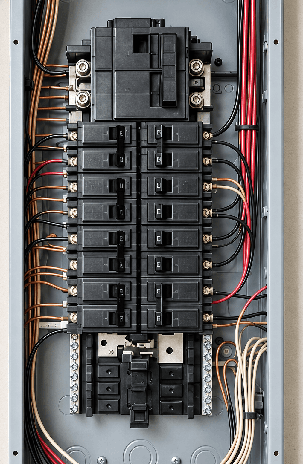 Open residential electrical panel with rows of breakers and routed wiring