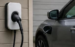 Wall-mounted EV charger with its cable connected to a car in a driveway