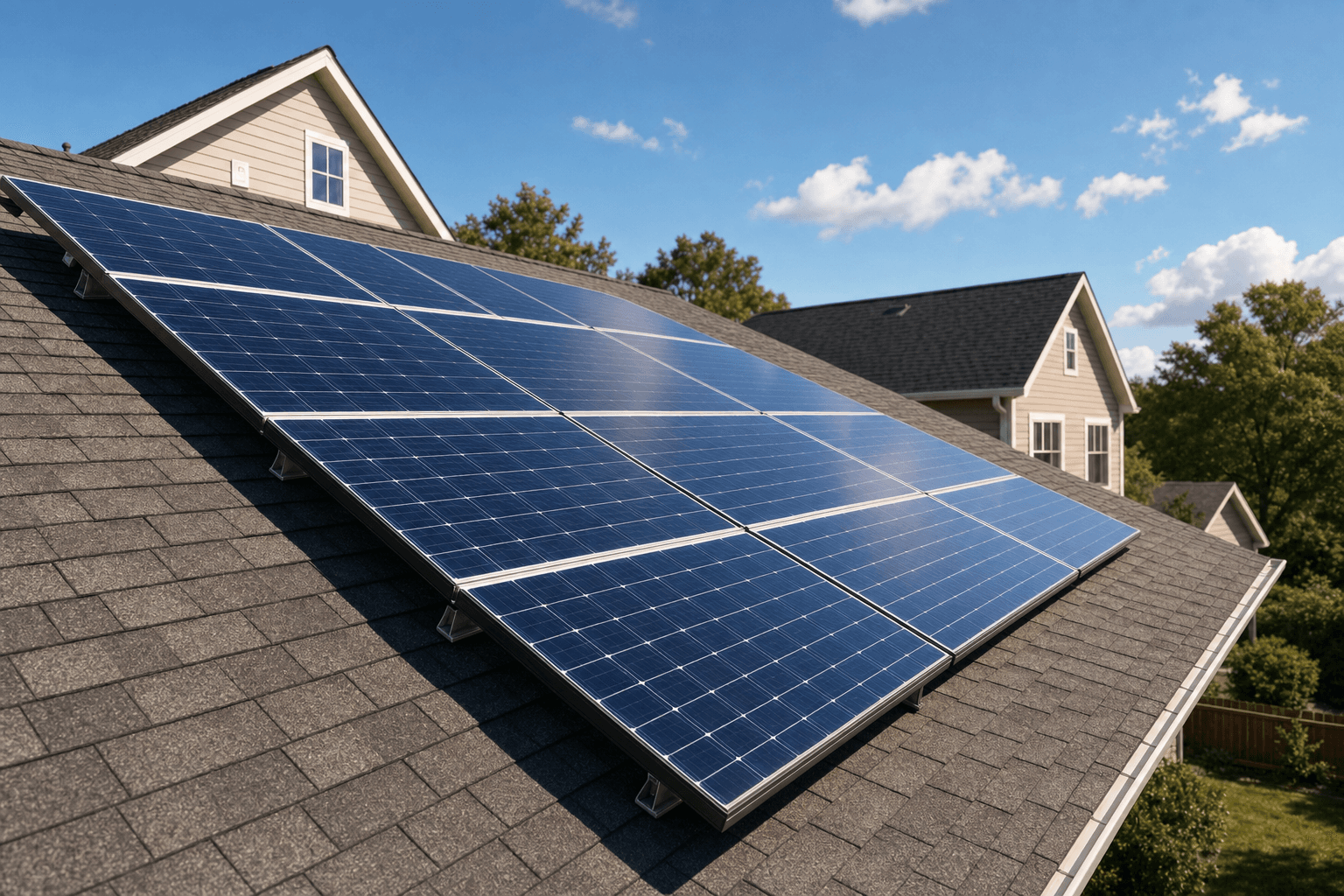 Rooftop solar panel array on a suburban home under a blue sky