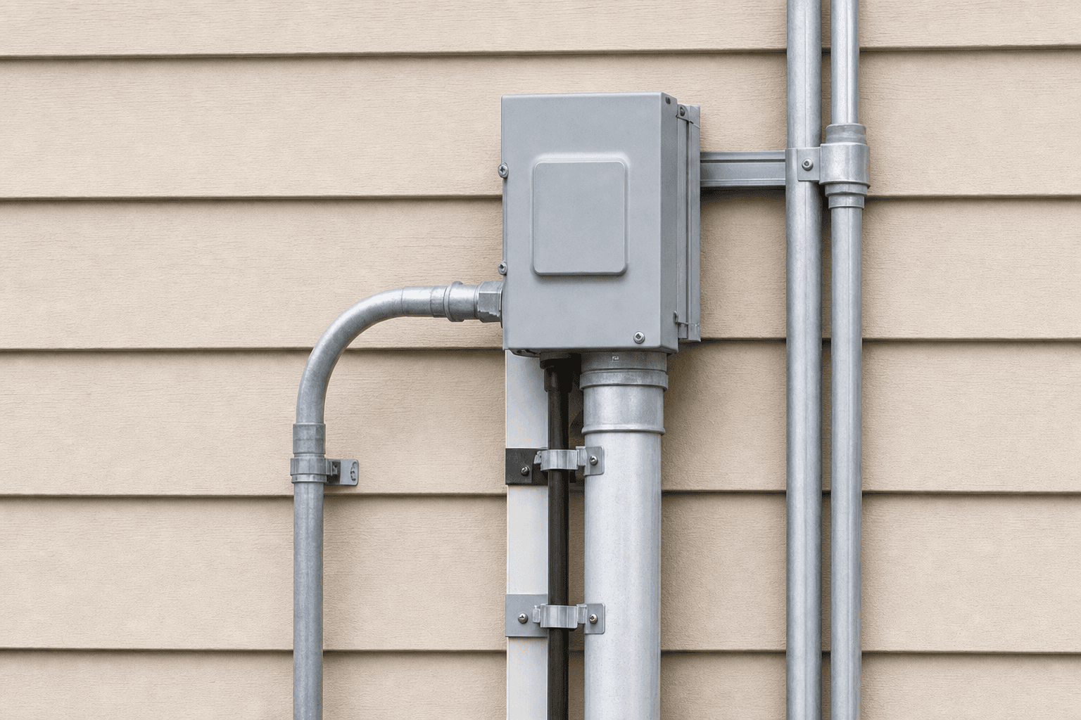Exterior electrical service box and metal conduit mounted on beige siding